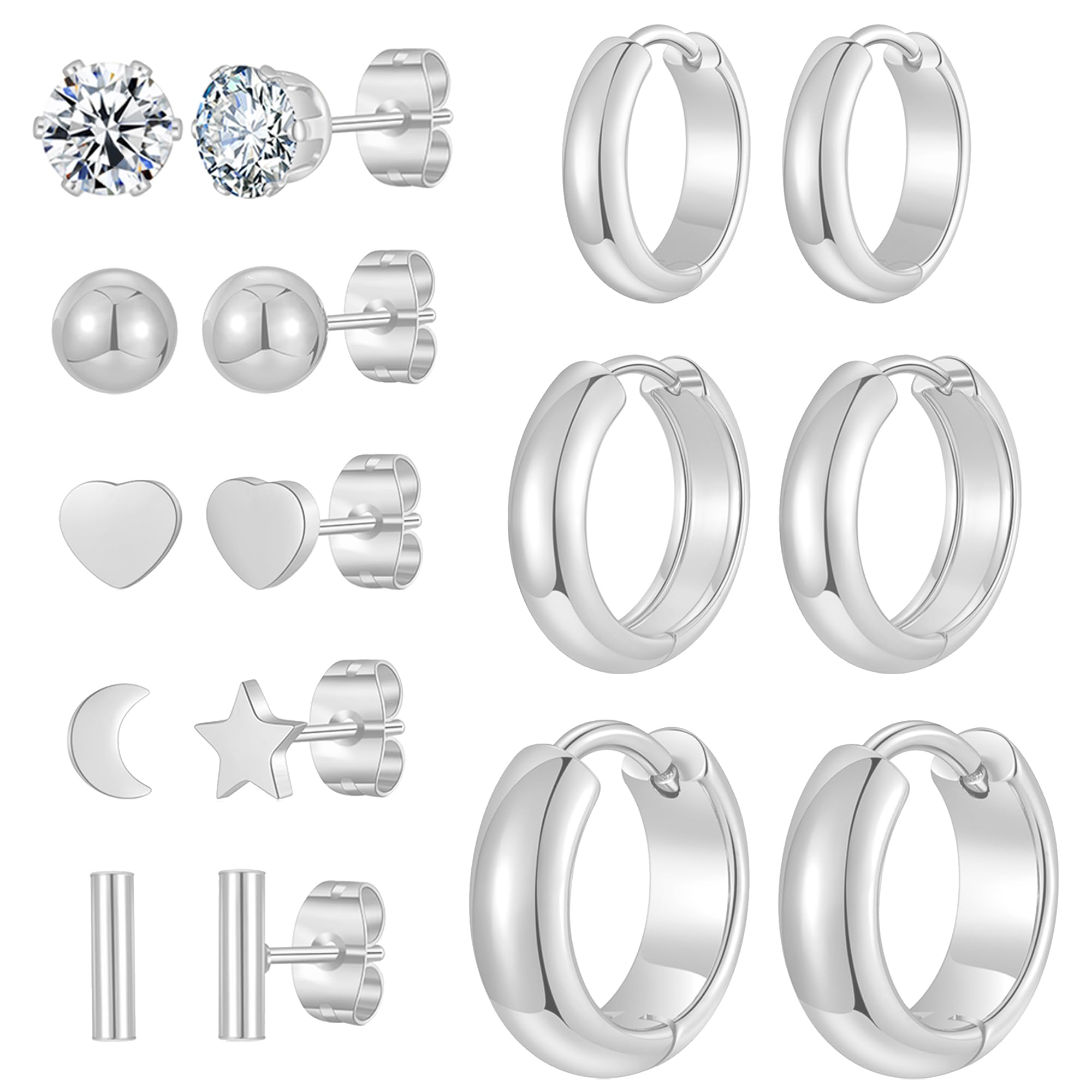 Stainless Steel Gold/Silver Plated Hoop Earrings for Women, Hypoallergenic 14k Gold Hoops Huggie Earrings Lightweight Cartilage Small CZ Ball Flatback Studs Earring Pack for Multiple Piercing